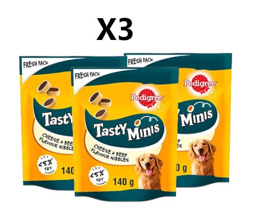 X3 Packs Pedigree Tasty Minis Adult Dog Treats Cheese and Beef Nibbles 140g